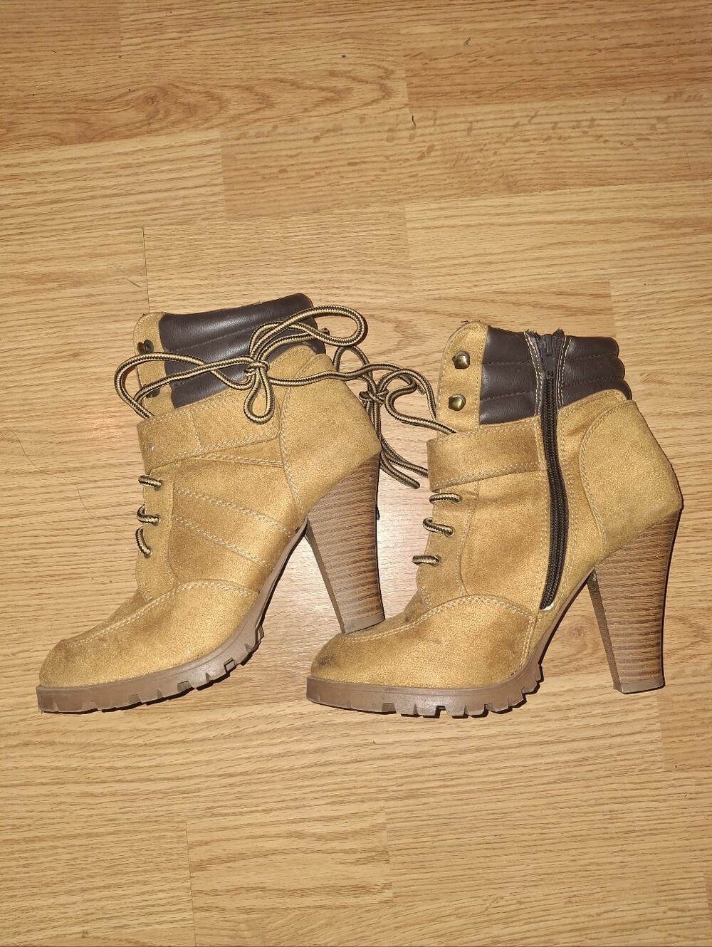 Soda Tan Suede Lace-Up High Heel Ankle Boots with Dark Brown Collar